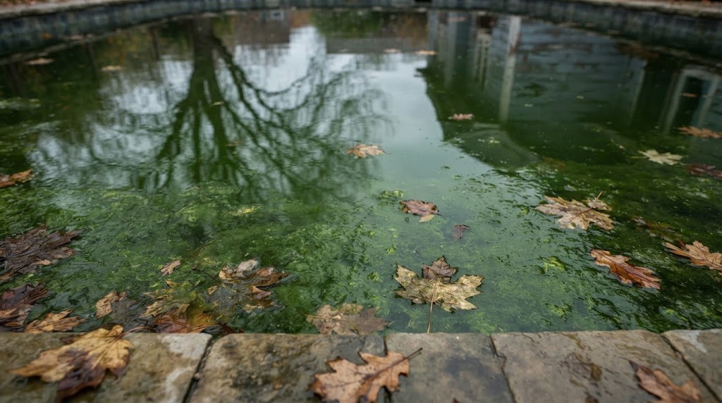 Agua de piscina verde por algas en otoño