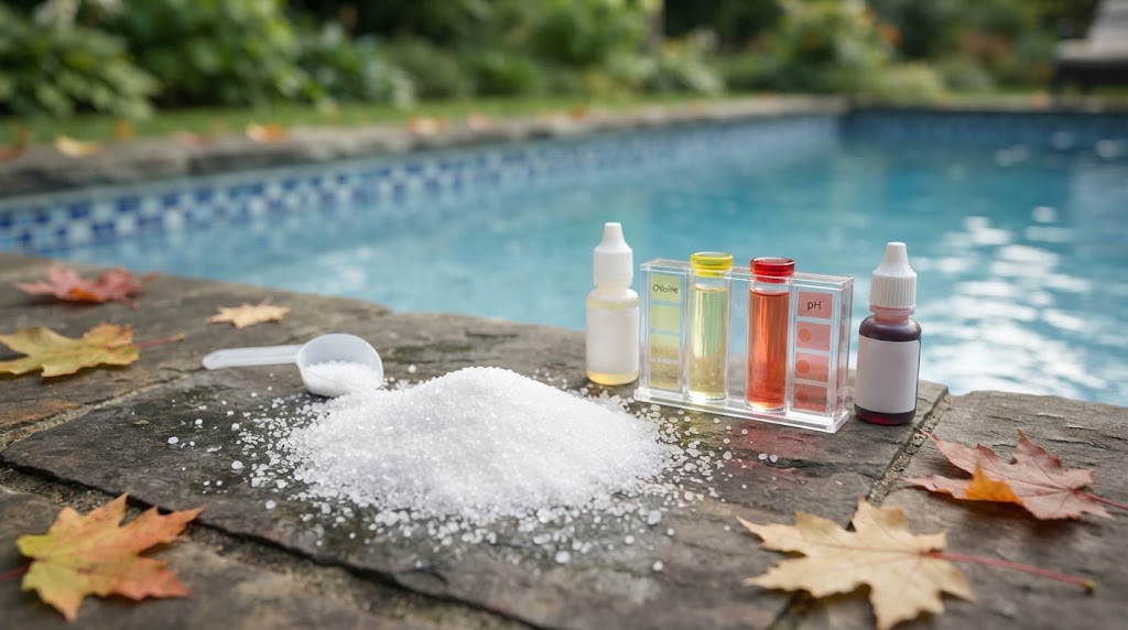 Kit de test de pH y cloro junto a la piscina en otoño