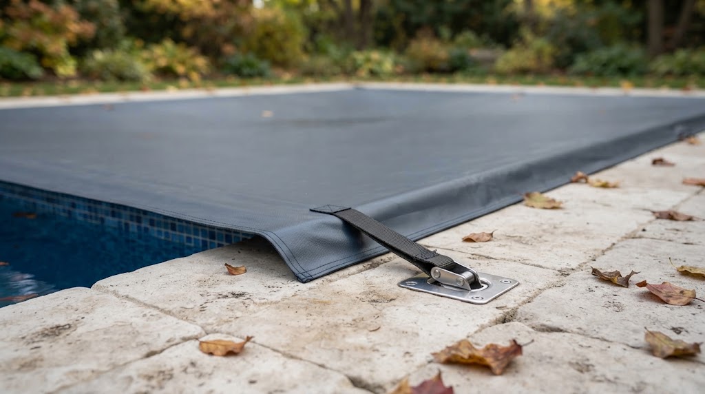 Detalle del solape y el anclaje de un cobertor de invierno en el borde de la piscina