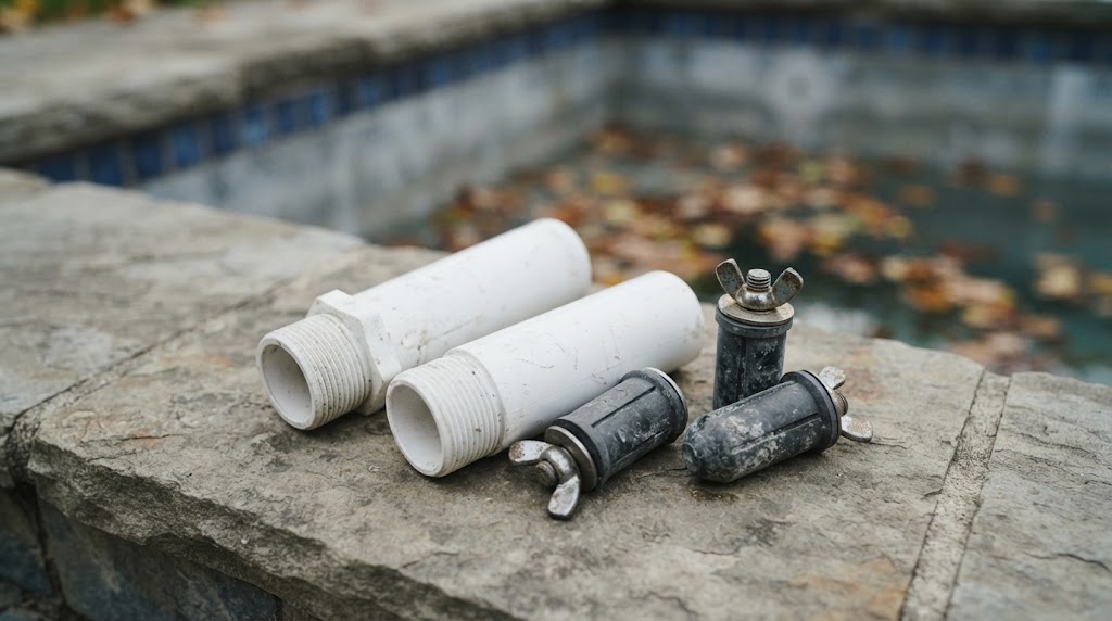 Gizmos antihielo y tapones de invernaje sobre el borde de la piscina
