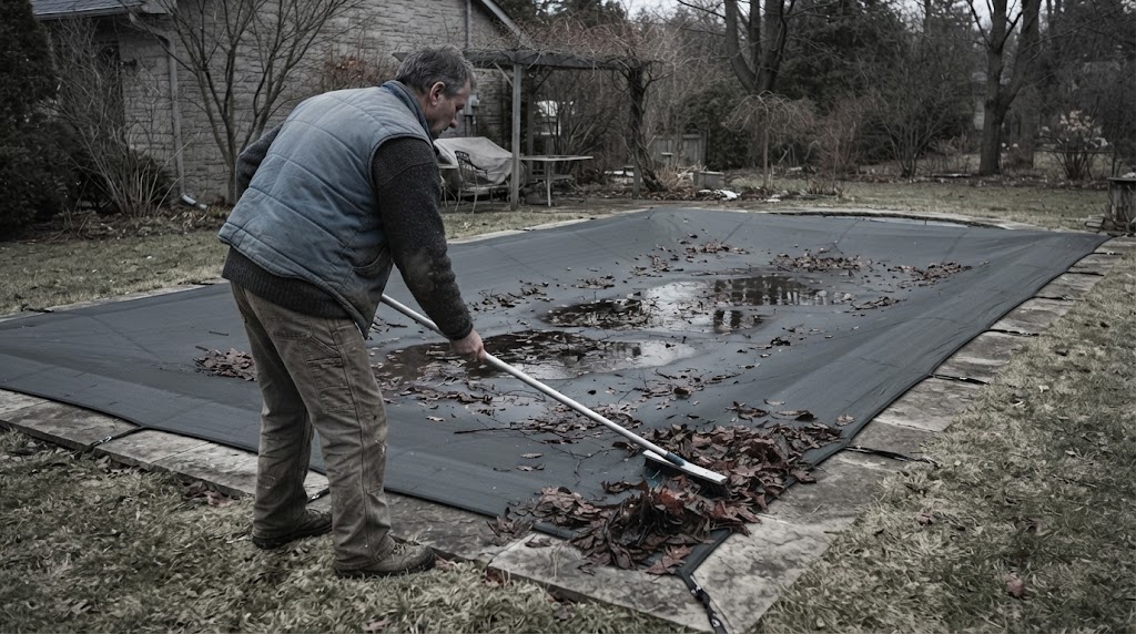 Retirando hojas acumuladas sobre el cobertor de una piscina en invierno