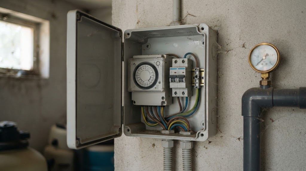 Cuadro eléctrico de la depuradora de una piscina con programador horario