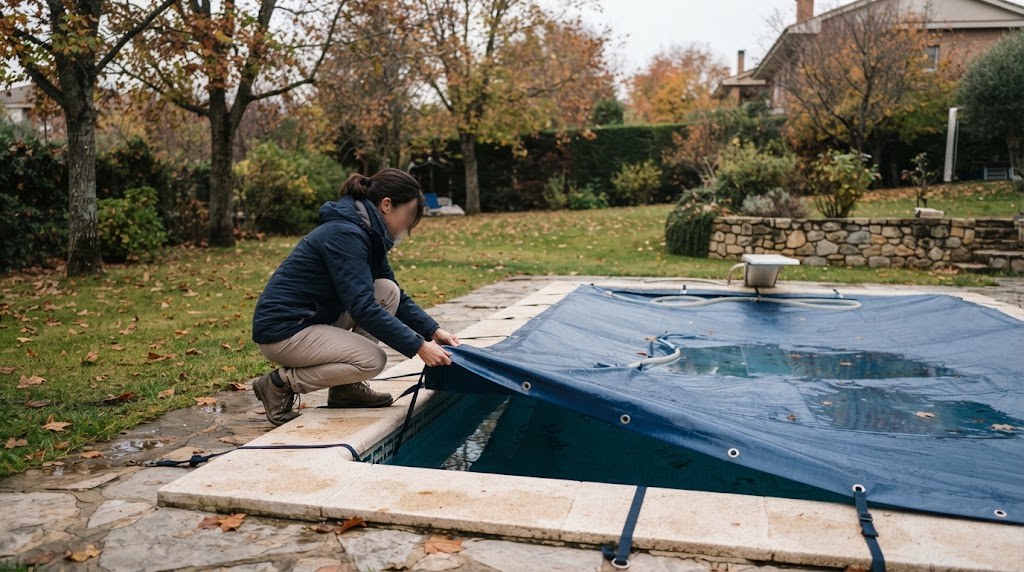 Persona colocando el cobertor de invierno sobre la piscina